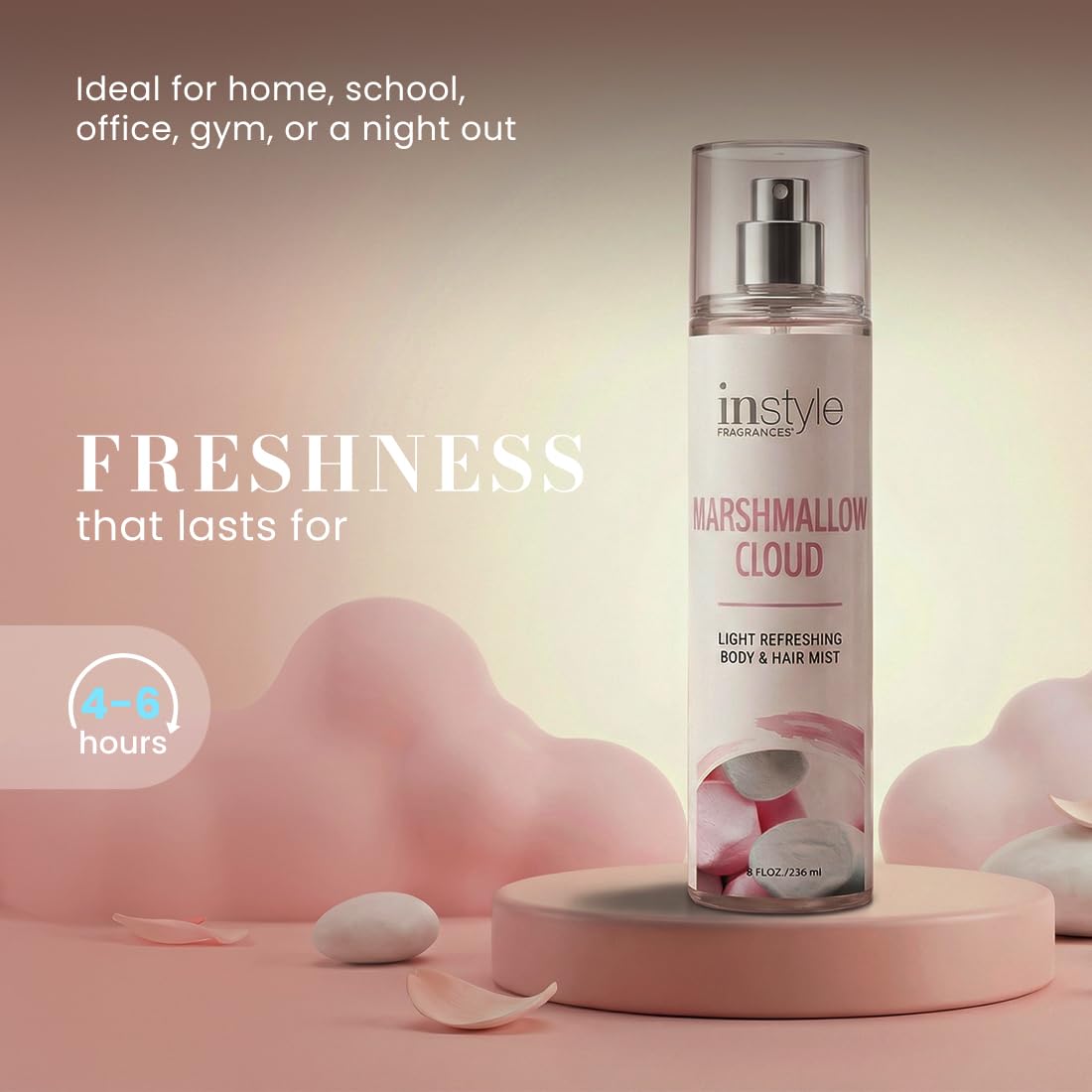 Lifestyle shot of Instyle Fragrances Marshmallow Cloud bottle on vanity