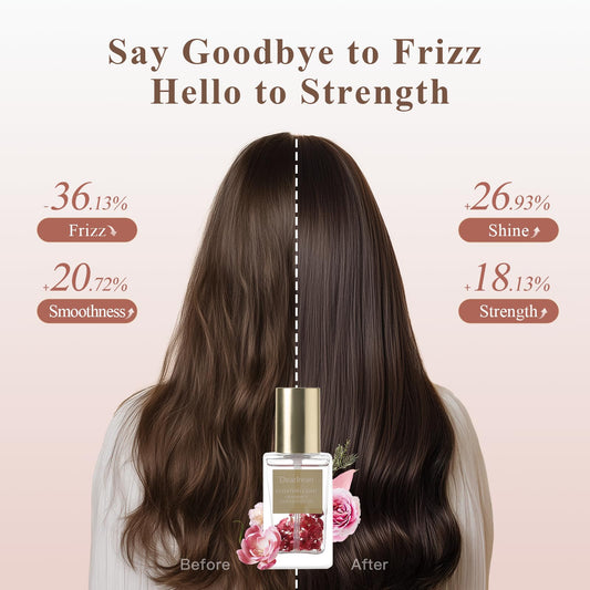 Close up of Dear Irean hair essence oil texture with visible flower petals.