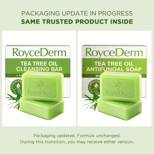 Roycederm Tea Tree Oil Soap bar unpacked illustrating texture and plant-inspired formula.