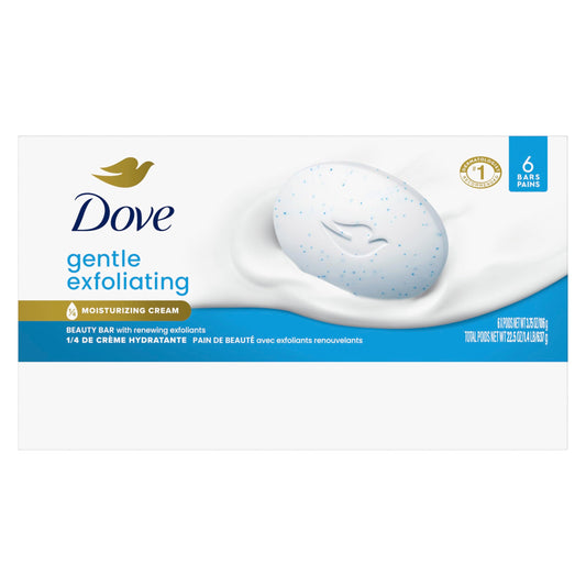 Dove exfoliating soap bar packaging showing 6 bars count