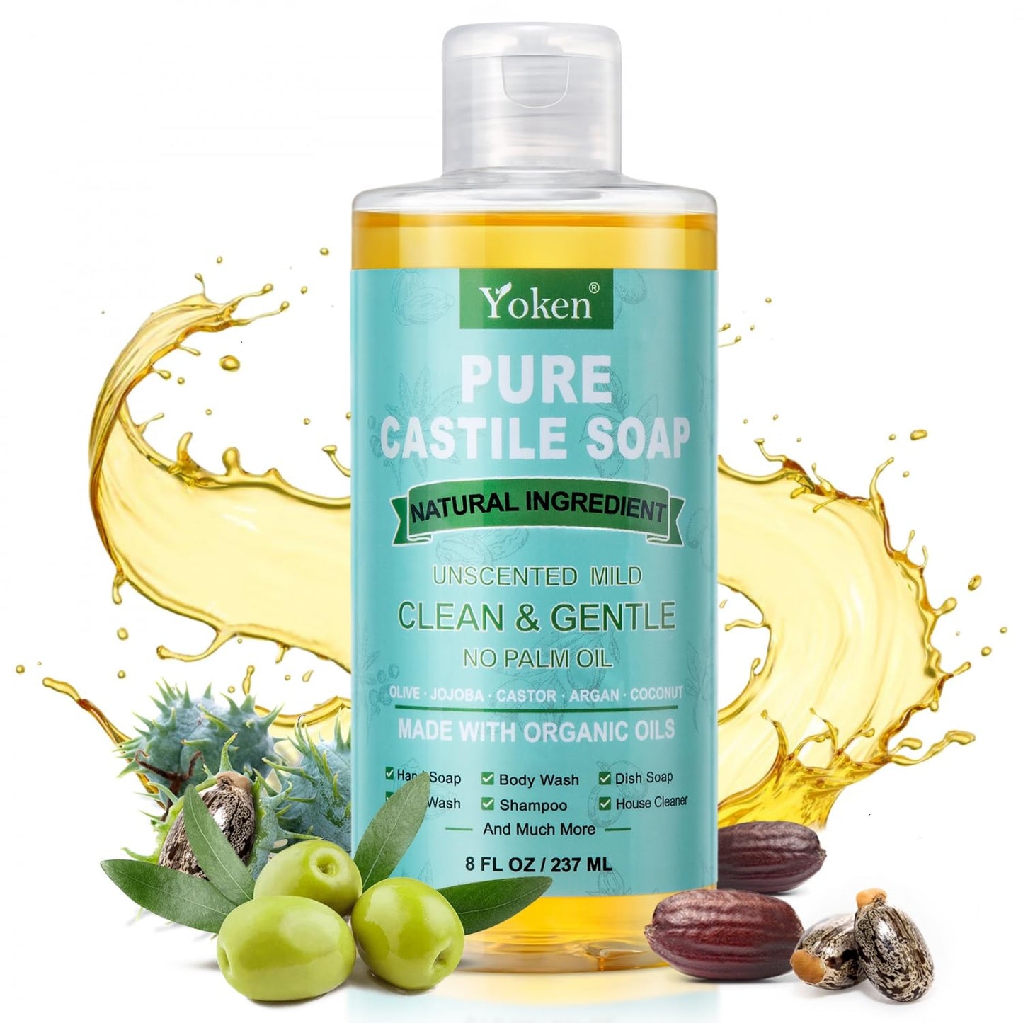 Natural non toxic liquid castile soap by Yoken showing eight fluid ounces.