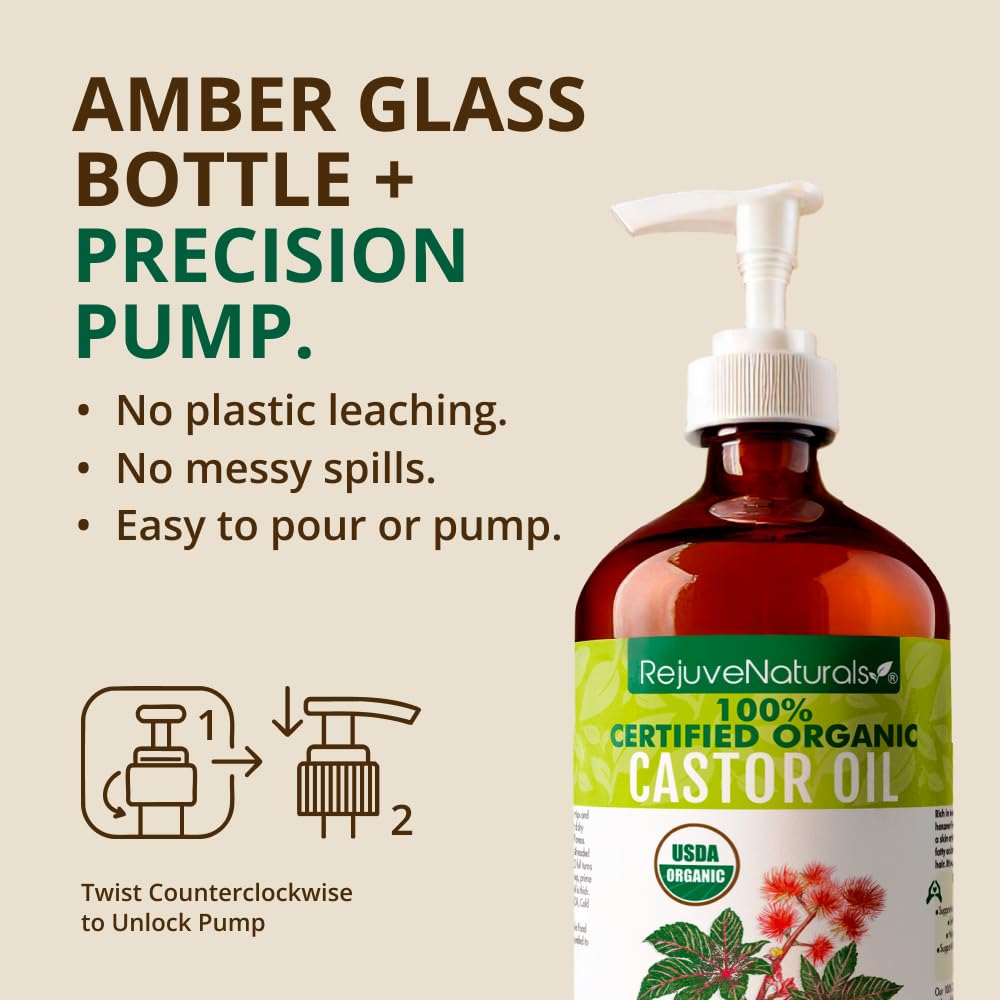 Full view of RejuveNaturals pure castor oil bottle highlighting skin and hair benefits text on container.