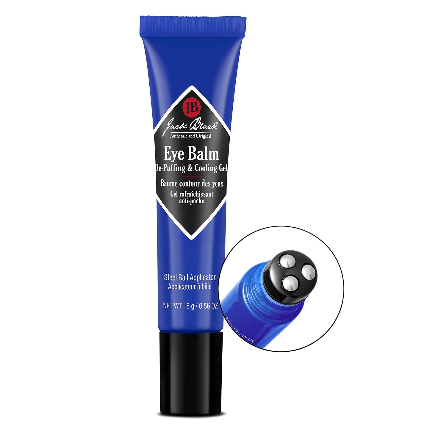 Jack Black Eye Balm 0.56 Ounce tube illustrating the clear hydrating formula designed to reduce puffiness and dark circles.