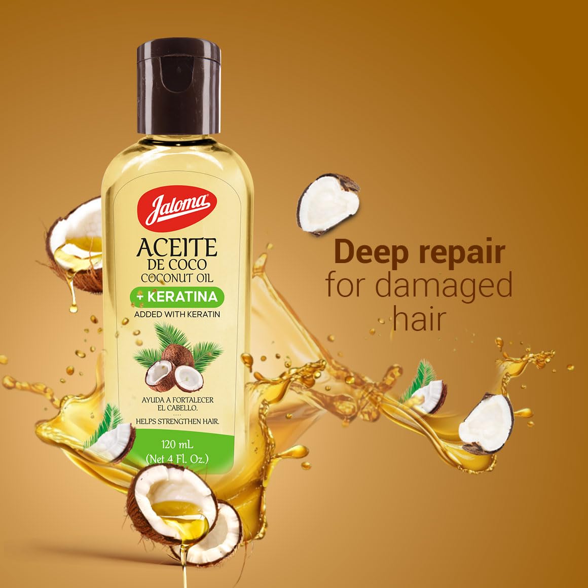 Jaloma coconut oil with keratin showing bottle size for daily hydration