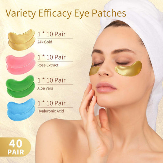 USTELIR 24K Gold hydrogel patches being applied under the eye for dark circle reduction.