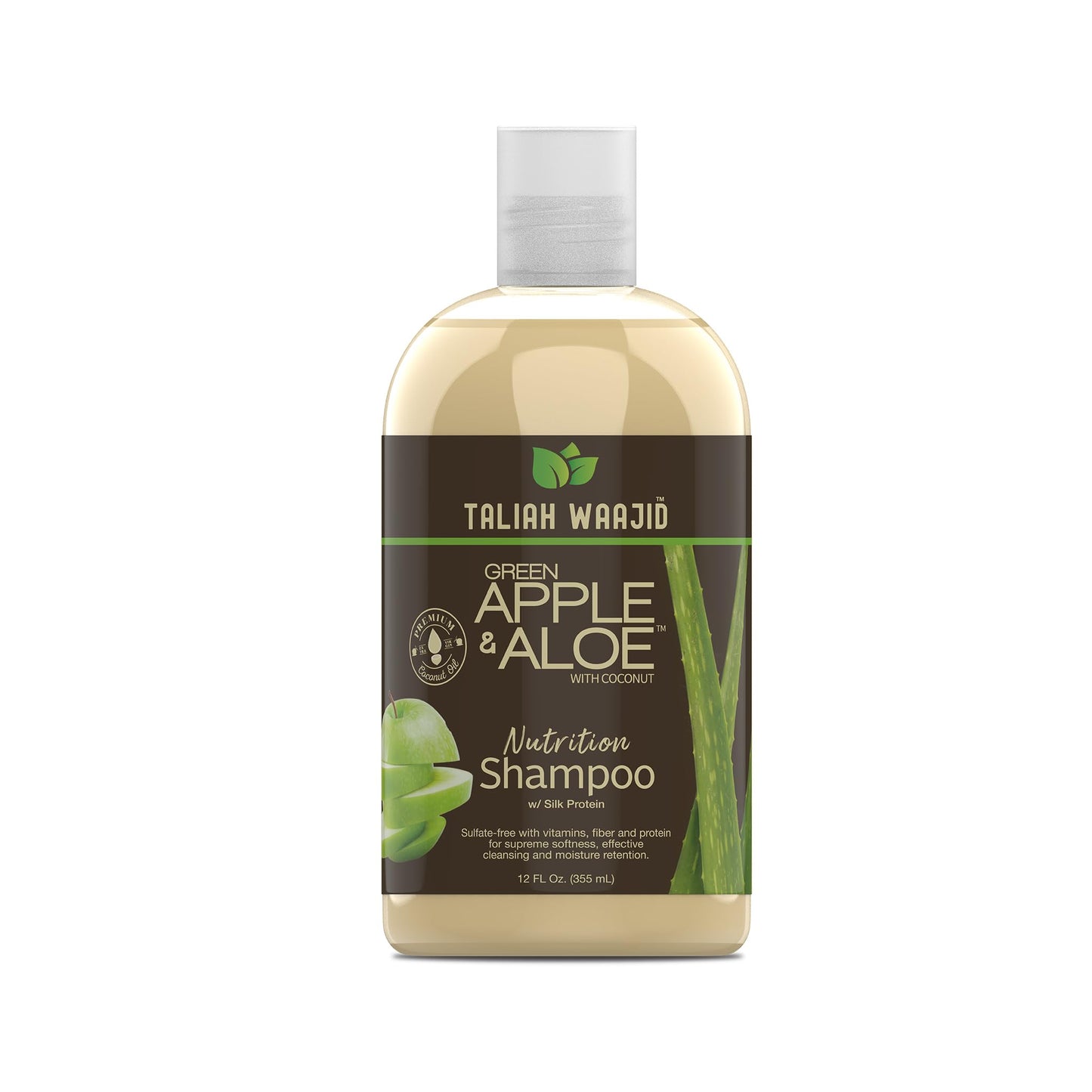 Taliah Waajid natural hair care regimen showing green apple and aloe vera ingredients label
