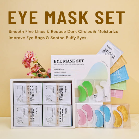 Yeokoe Eye Mask variety pack displaying five different skincare formulas for puffy eyes.
