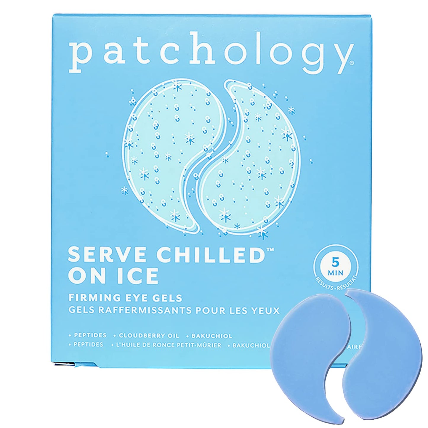 Back label of Patchology On Ice eye gels showing official ingredient list and usage instructions