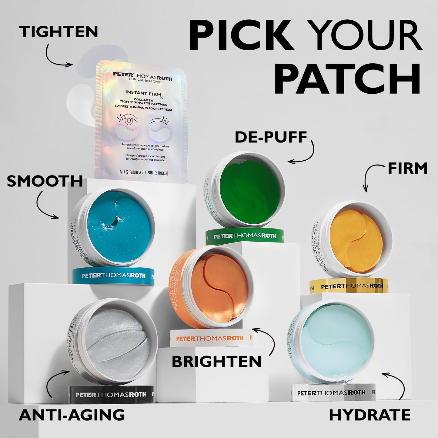 Full skincare collection view including Peter Thomas Roth Instant FIRMx Collagen eye patches on a vanity.