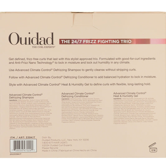 Ouidad curly hair shampoo conditioner and gel bottles for anti frizz care
