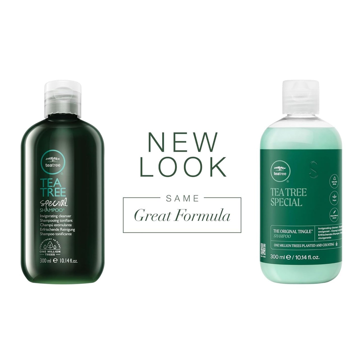 Close-up of the USA imported Paul Mitchell Tea Tree daily hair care duo highlighting the sustainable recycled packaging.