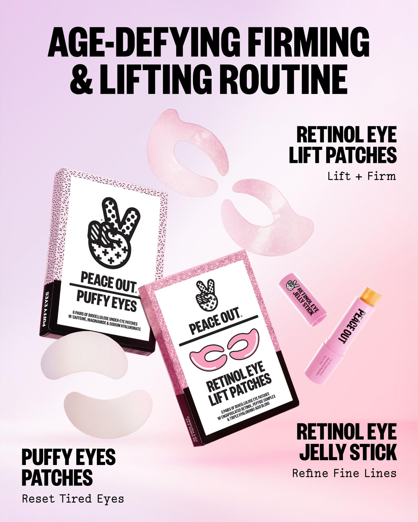 Authentic imported Peace Out skincare products box display for fine lines reduction