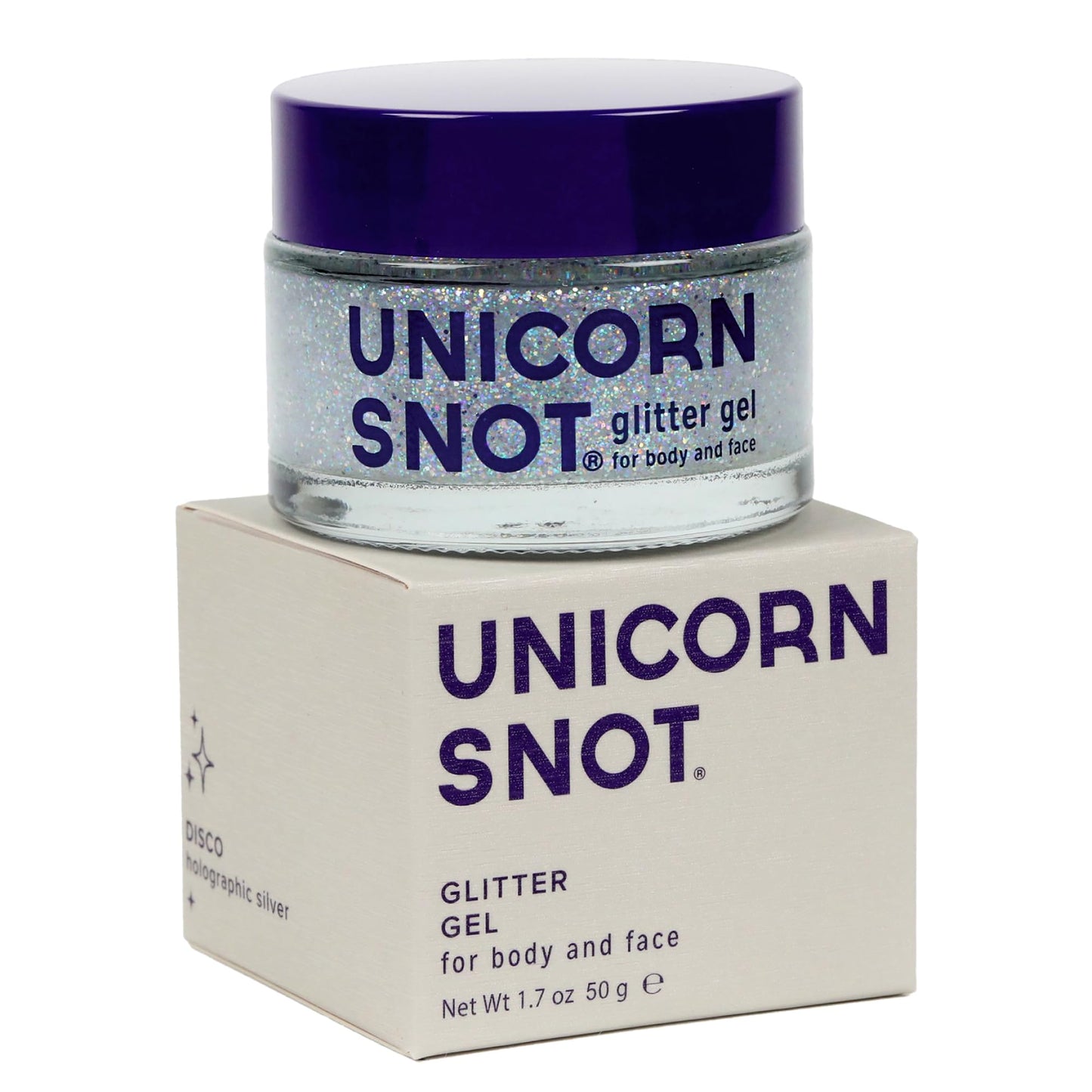 Water resistant holographic silver cosmetic shimmer gel safe for hair and face application.