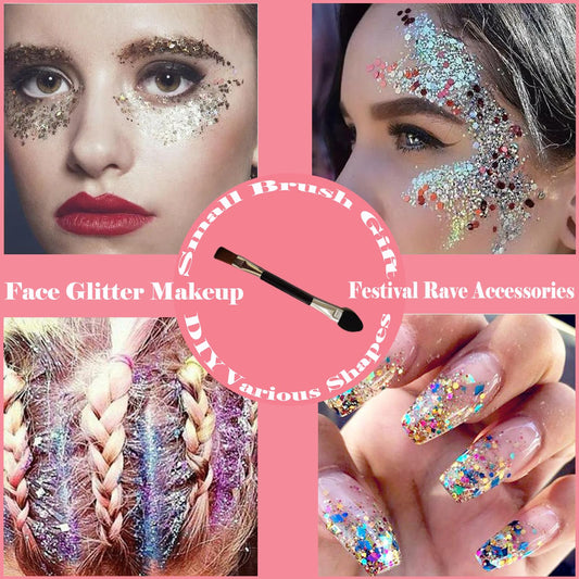 Holographic chunky sequins makeup applied on female cheekbones and hair parting