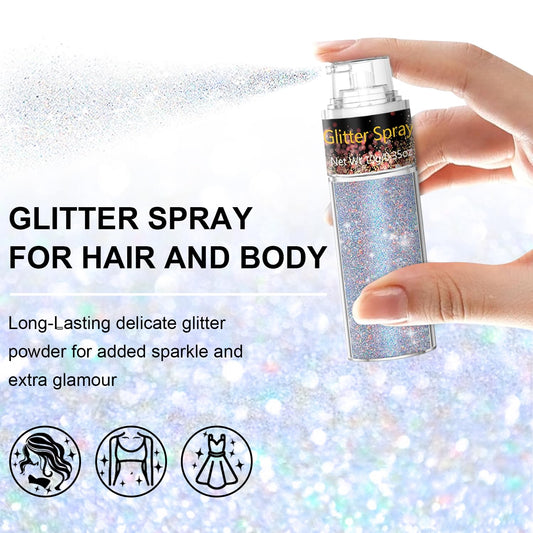 Scarman glint rainbow glitter hairspray applied closely on long wavy dark hair