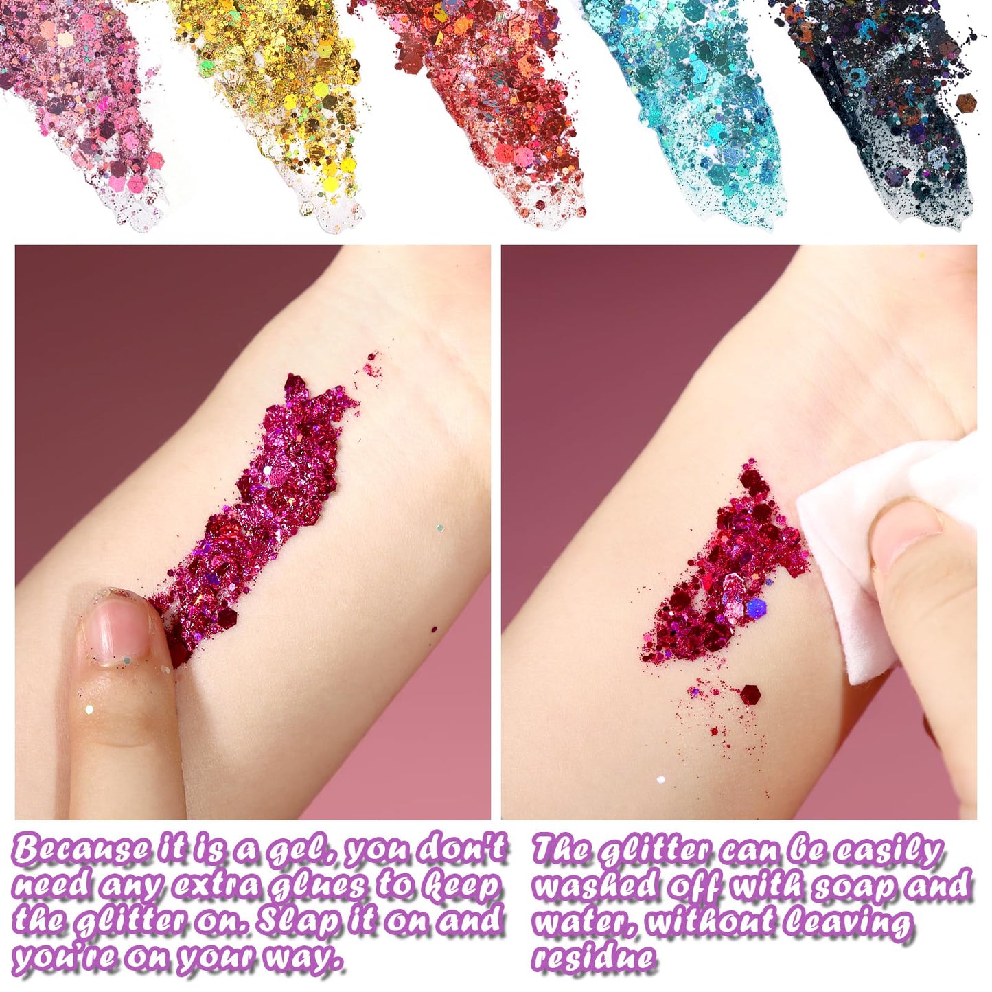 Vibrant assortment of long-lasting celebratory face and hair cosmetic glitters in secure containers.