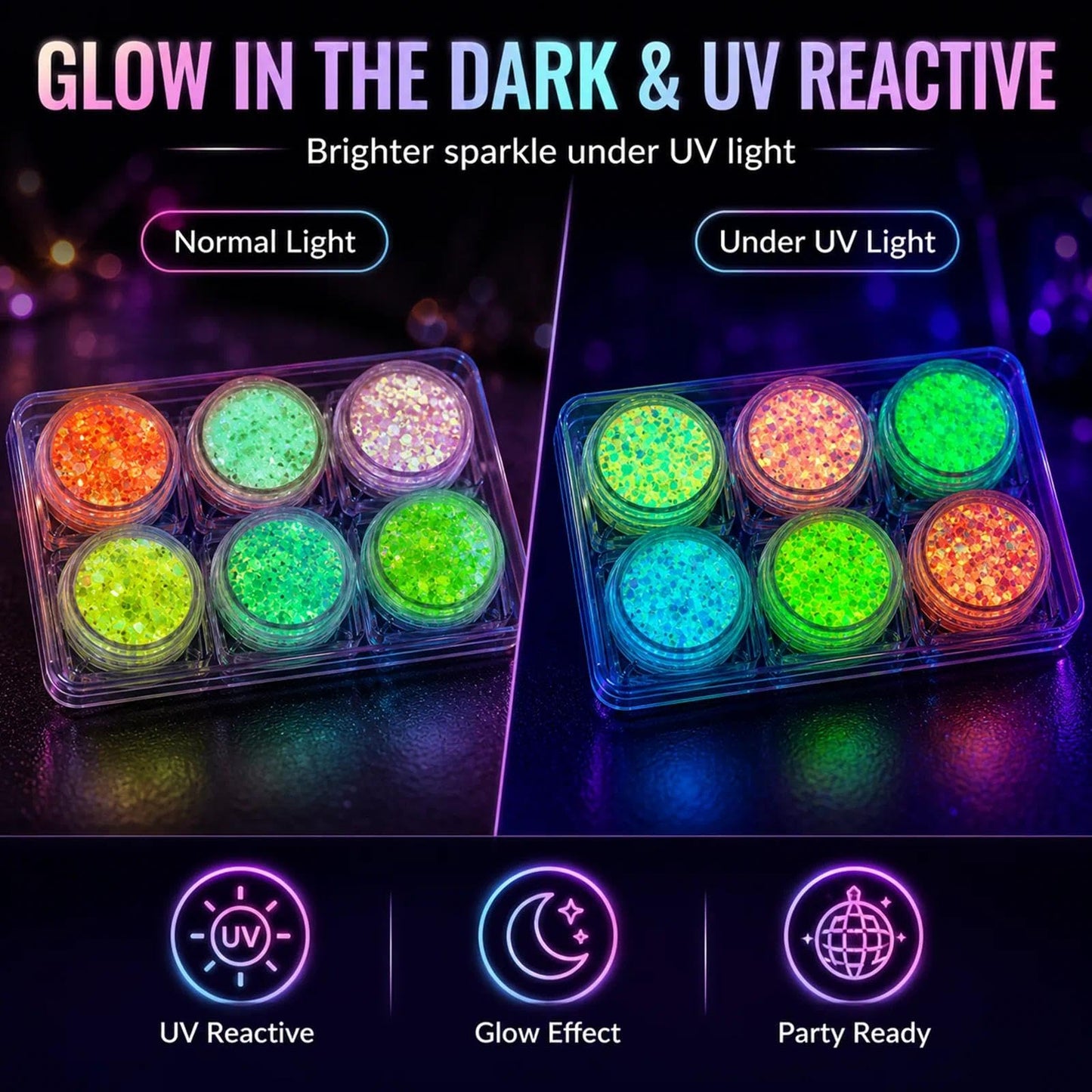 Complete packaging of MiraWish six piece luminous carnival hair and body glitter gel set for rave parties