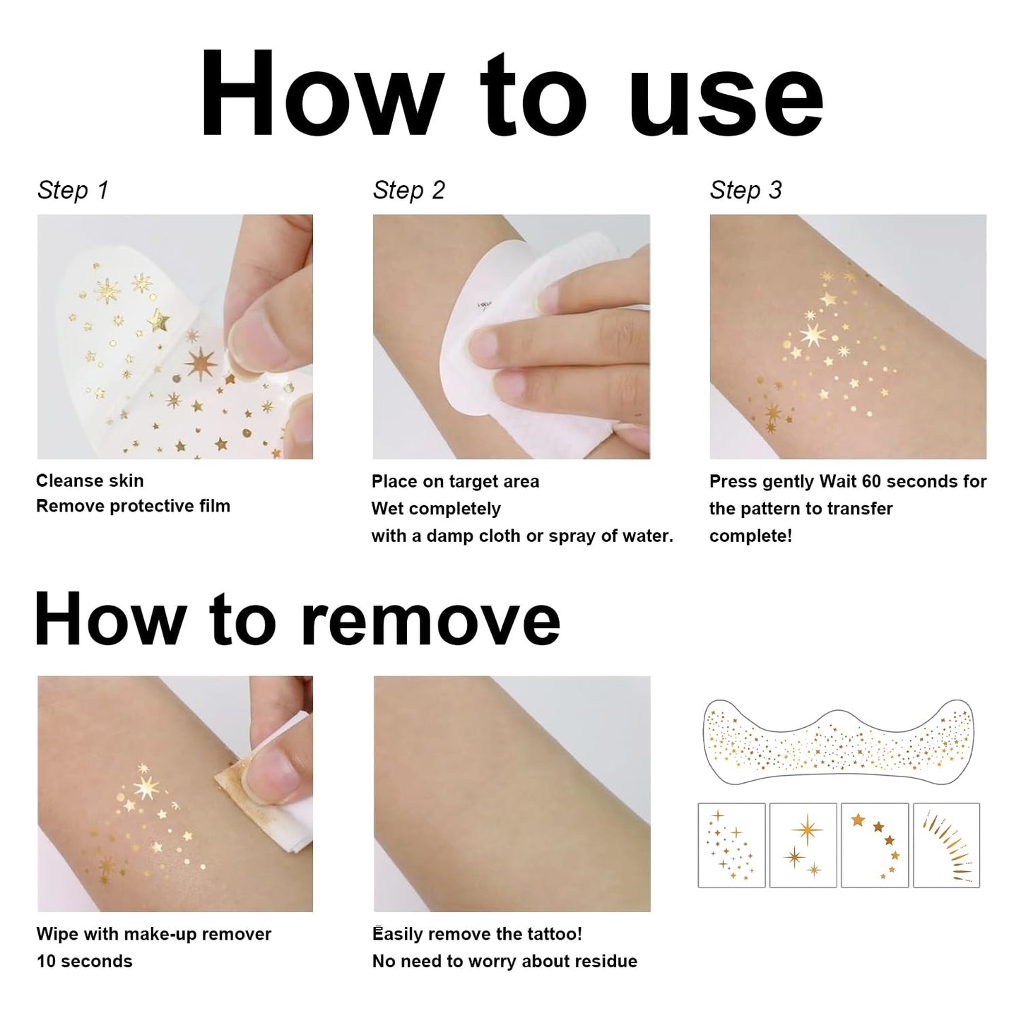 Demostration of removing the gold metallic glitter patches safely using standard cosmetic cleansing oil