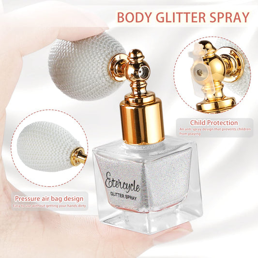Cosmetic shimmer makeup powder being sprayed onto hair and face for a festive look.