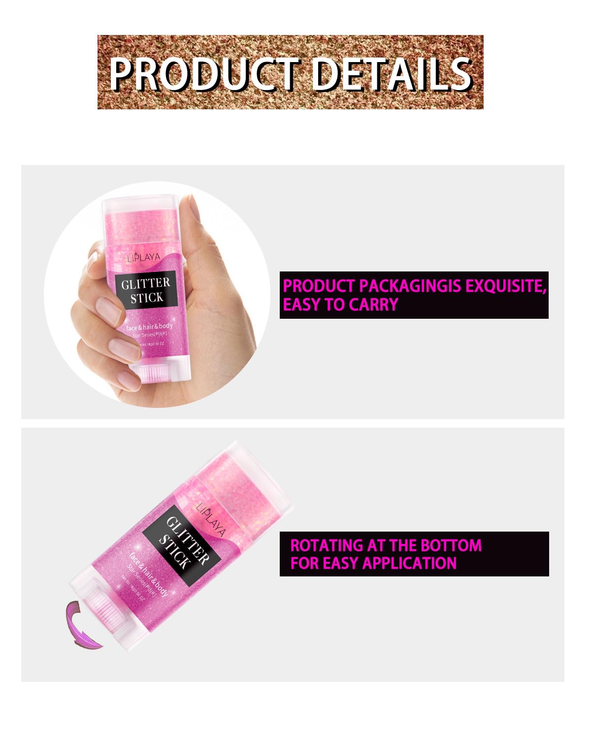 Authentic USA imported Mysense gold festival rave makeup stick showcasing the product dimensions and packaging details.