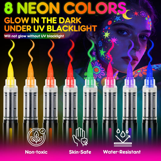 Dual tip UV neon face painting pens showing brush tip and fine precision tip