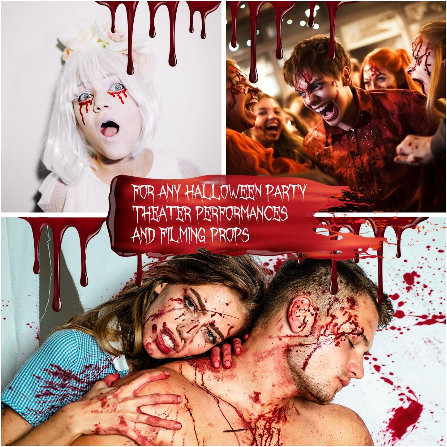 Festicy authentic fake blood packaging highlighting instructions for Halloween and carnival makeup application