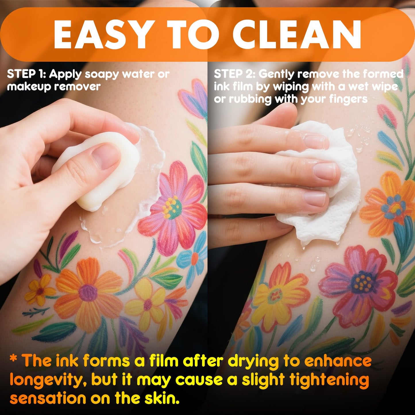 A lifestyle depiction showing a person easily washing the smudge-resistant festival body marker ink off their hand with soap and water