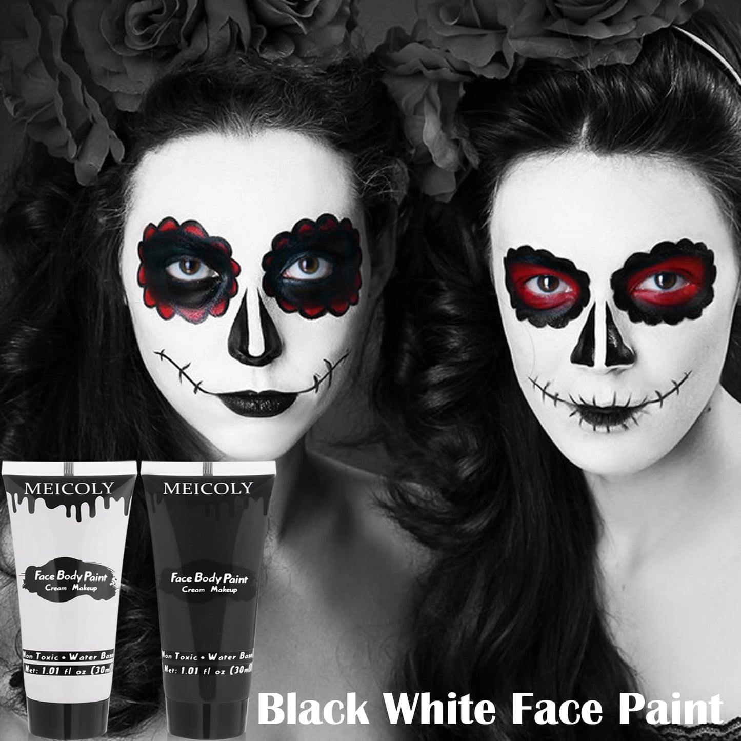 Clown white and midnight black body paint cream demonstrating high contrast application opacity
