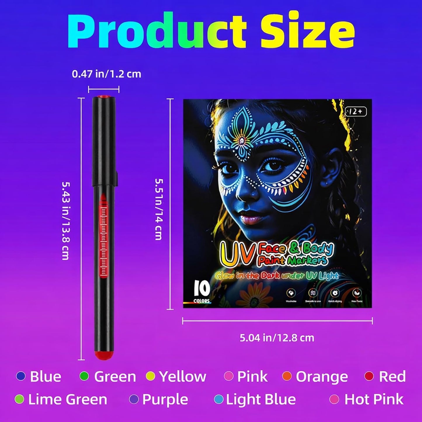 Assorted neon colors of Giftmissu body markers glowing under UV light