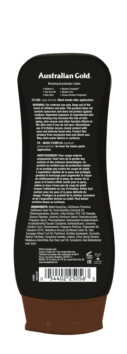 Australian Gold tanning accelerator bottle showing bronzer and skincare benefits