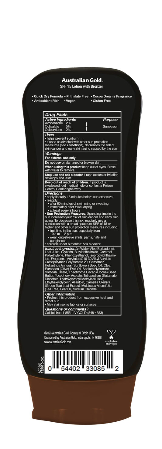 Australian Gold SPF 15 Bronzer lotion packaging details