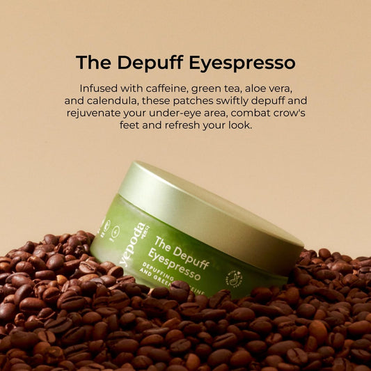 Open glass container of Yepoda under-eye patches displaying the cooling green hydrogel texture.
