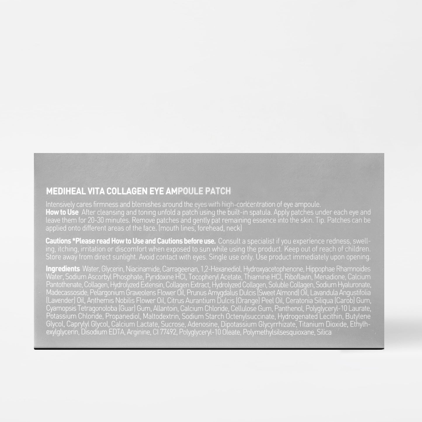 Full view of the sixty piece Mediheal Vita Collagen eye patch box showing product weight and ingredients