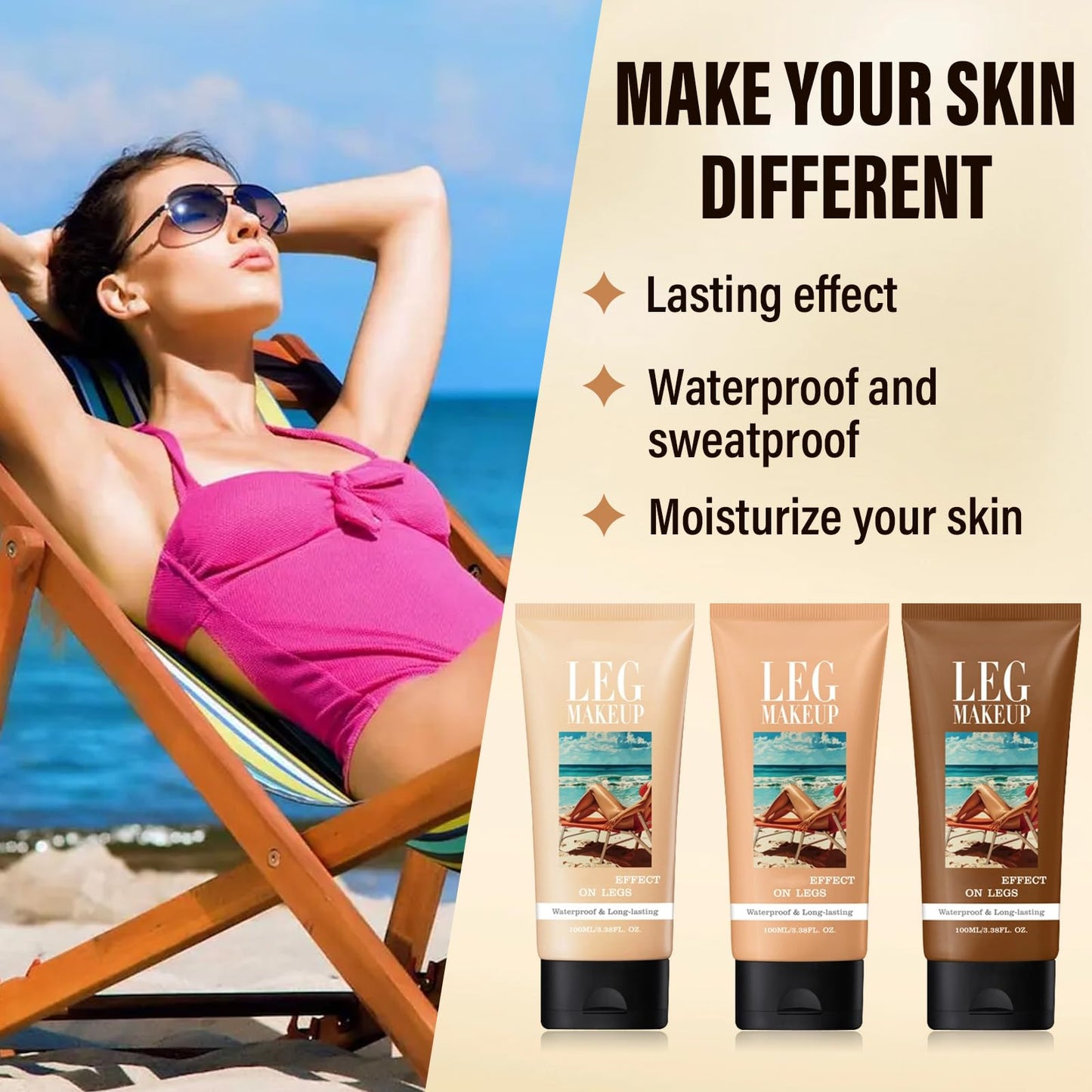 Model applying bronze leg concealer for flawless skin finish
