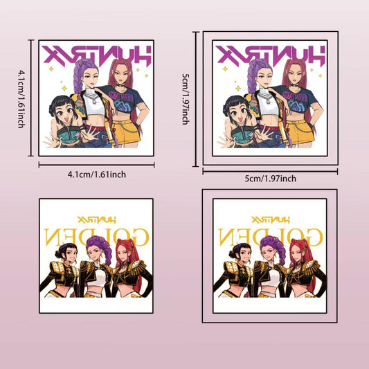 Close up of Kpop demon hunter cartoon tattoo sticker designs