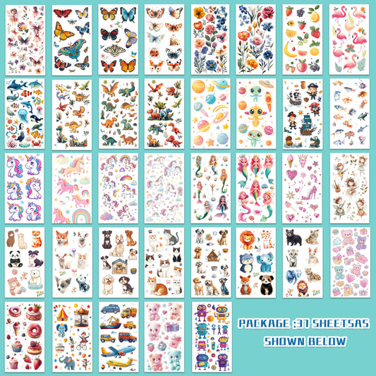 Assorted dinosaur and animal temporary tattoos on 37 sheets