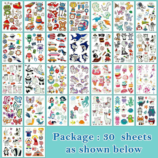Variety of cartoon designs including dinosaurs and mermaids on tattoo sheets