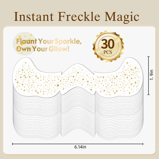 Woman wearing gold glitter freckle patches on cheeks