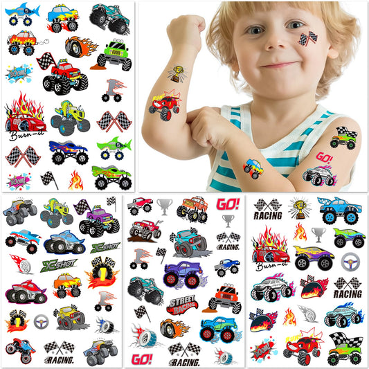 Close up of racing car and monster truck temporary tattoo designs