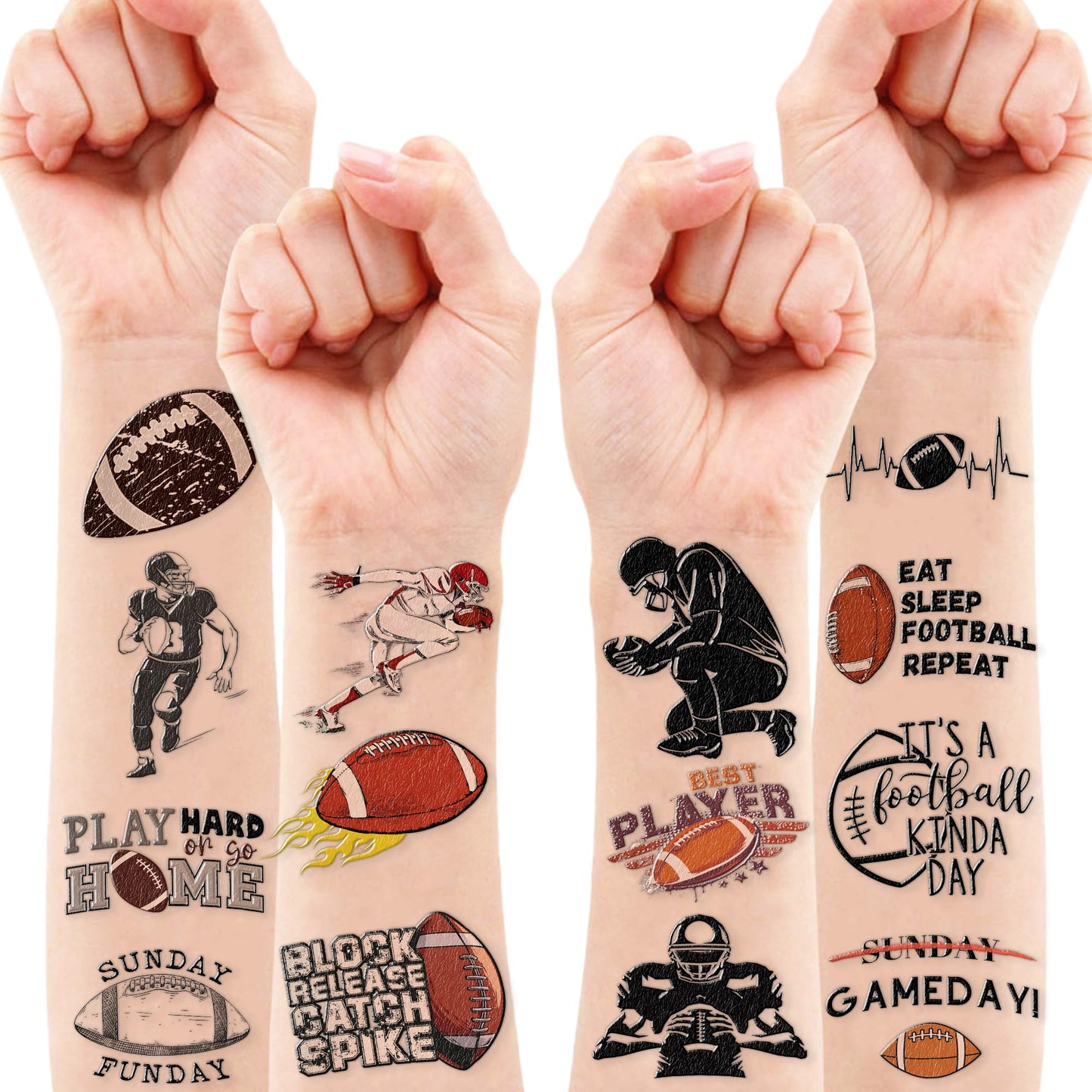 Various football sports temporary tattoo stickers arranged together