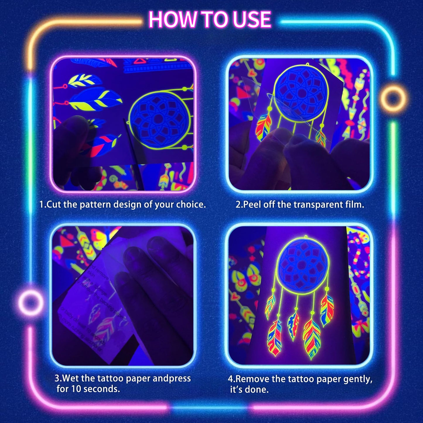 Instructions for applying waterproof neon temporary tattoos