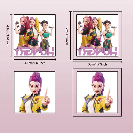 Close up of Huntrix characters on Pwsty temporary tattoo sheet