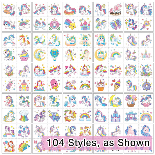 Close up of vibrant unicorn temporary tattoo designs for children