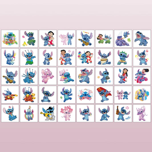 Close up of colorful Stitch cartoon tattoo designs