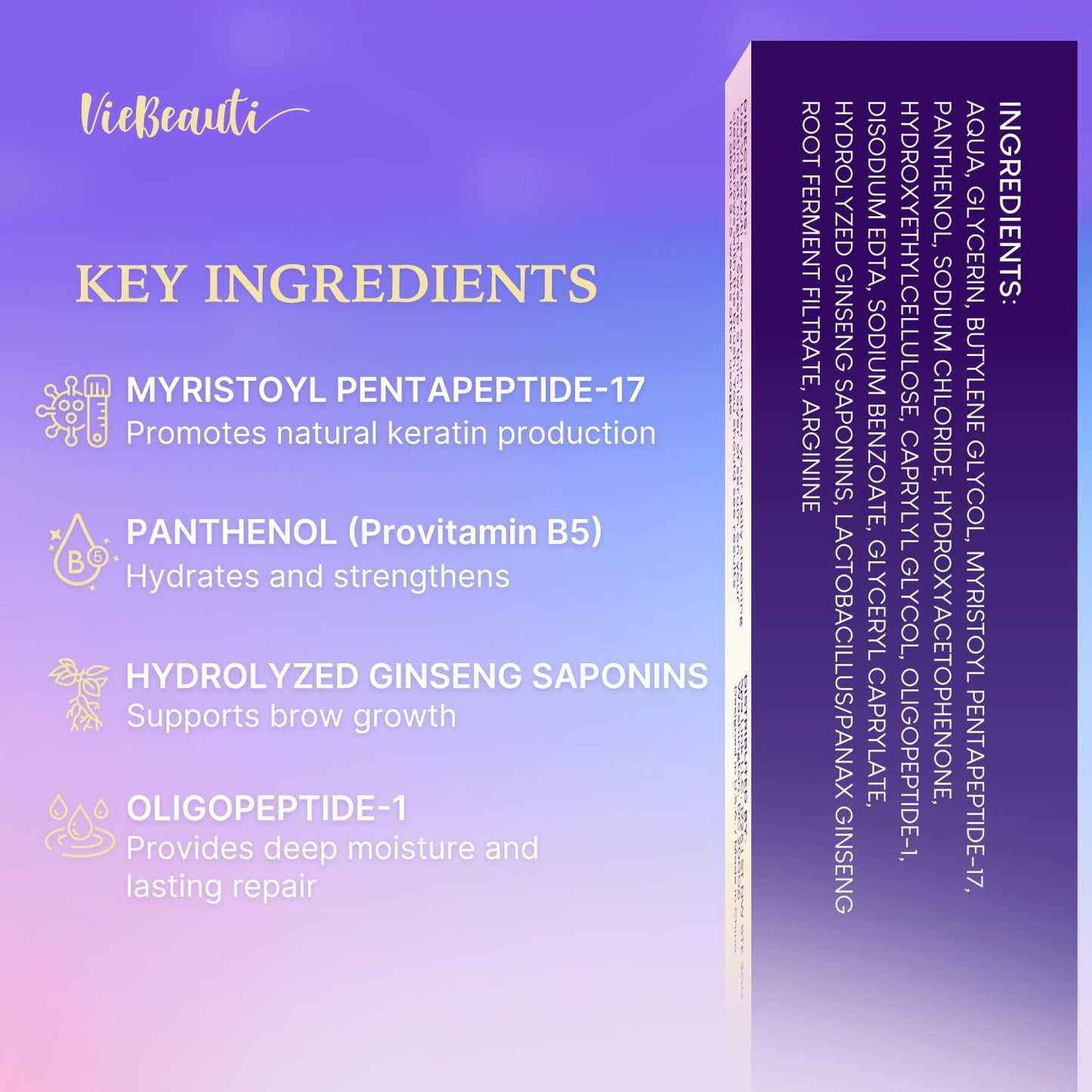 Authentic VieBeauti advanced lash enhancing formula packaging displaying three month supply specifications