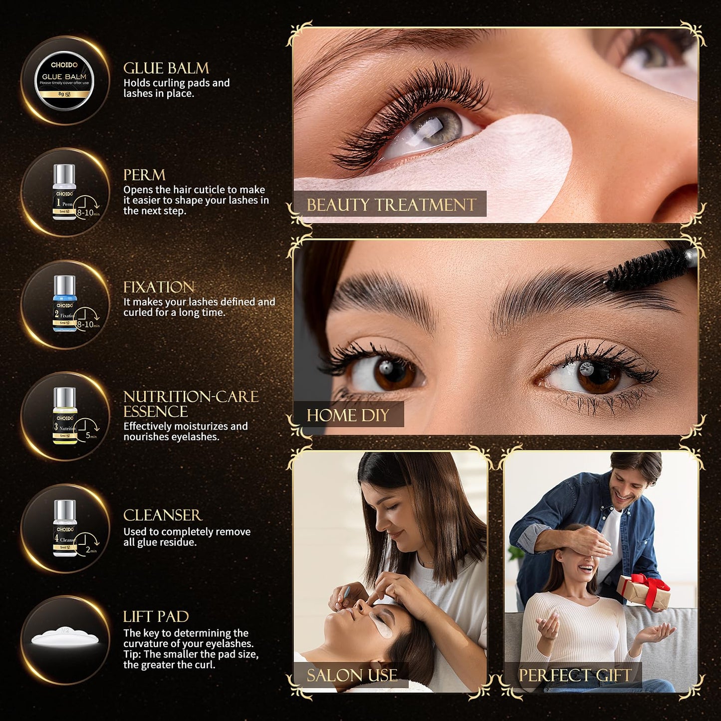 Choido eyelash lift kit components showing the full salon grade grooming set