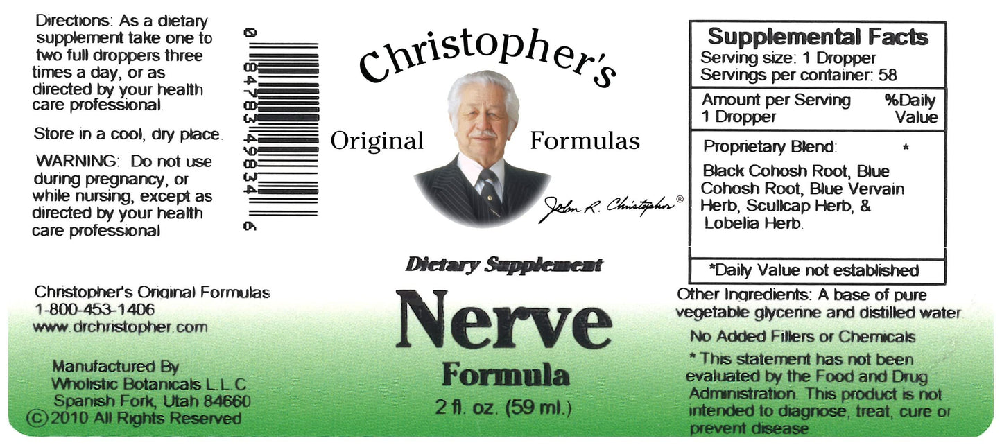 Close up view of Christopher's Original Formulas Nerve Formula herbal liquid