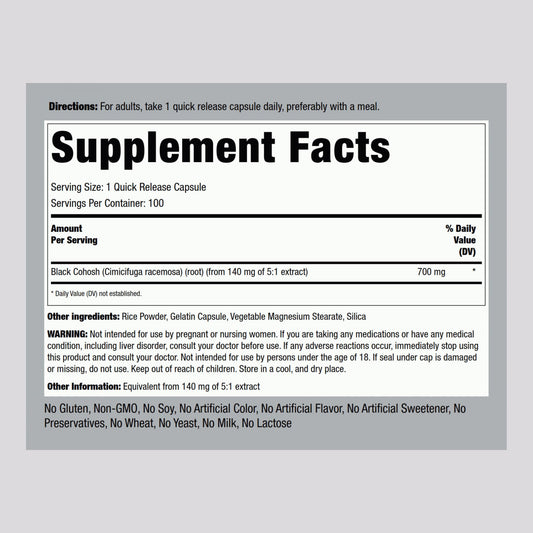 Piping Rock Black Cohosh 100 capsules supplement label details