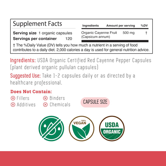 100% USDA Organic Cayenne Pepper 500mg supplement label showing 45,000 Scoville Heat Units.