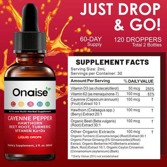 ONAISE Cayenne Pepper drops supplement showing organic hawthorn and beet root ingredients